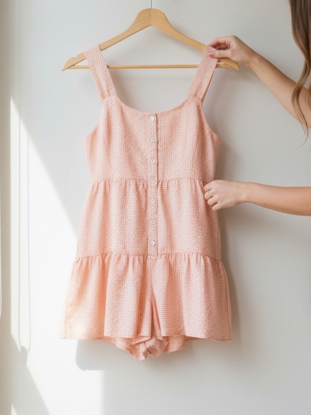 She + Sky Peach Gingham Tiered Button Romper Size S